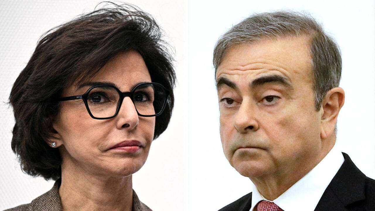 Split portrait of a woman wearing glasses and a man in a suit against a light background