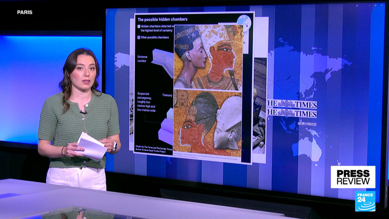 A presenter stands beside a graphic showing illustrated figures and a diagram of possible hidden chambers.