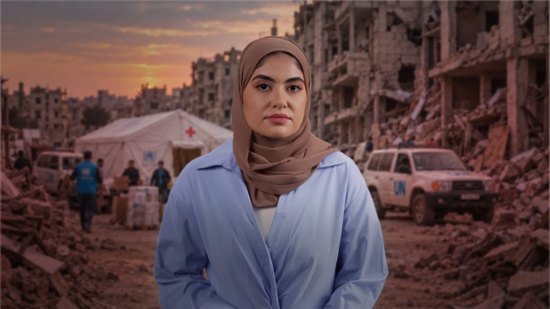 Woman in headscarf and medical coat standing amid destroyed buildings, aid tents and an emergency vehicle