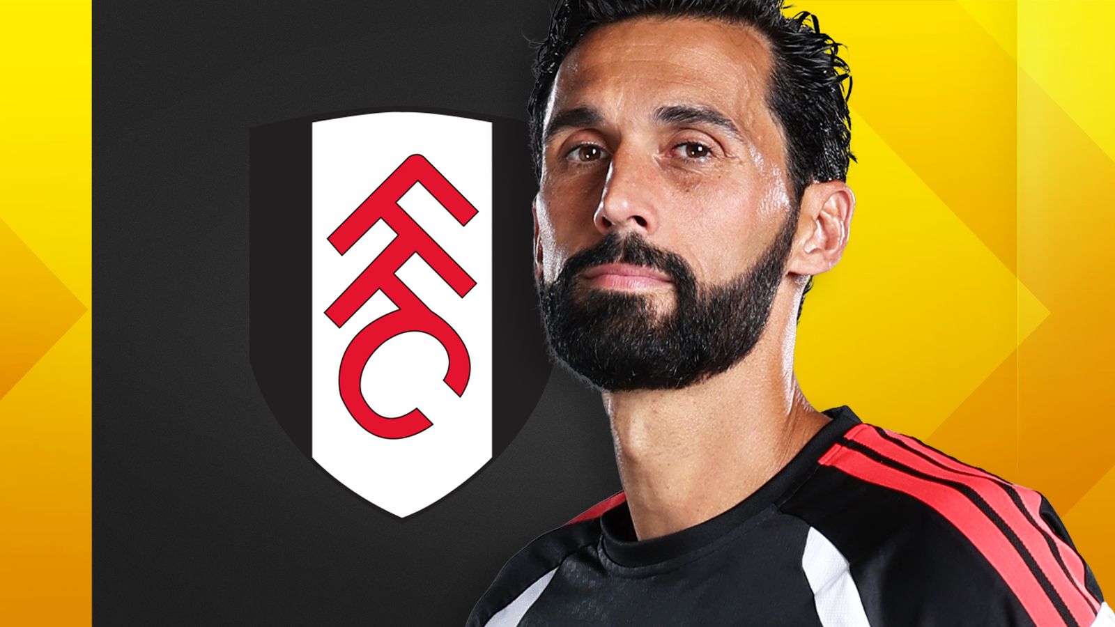 Bearded footballer in black and red training top beside a red-and-white club crest