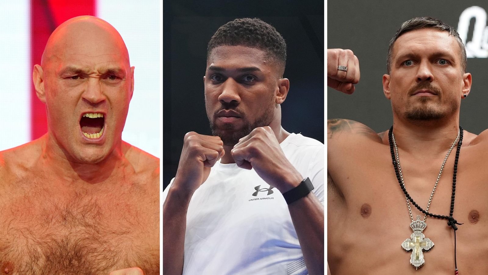 Three male boxers pictured side by side, with the left man shouting and the others raising their fists.