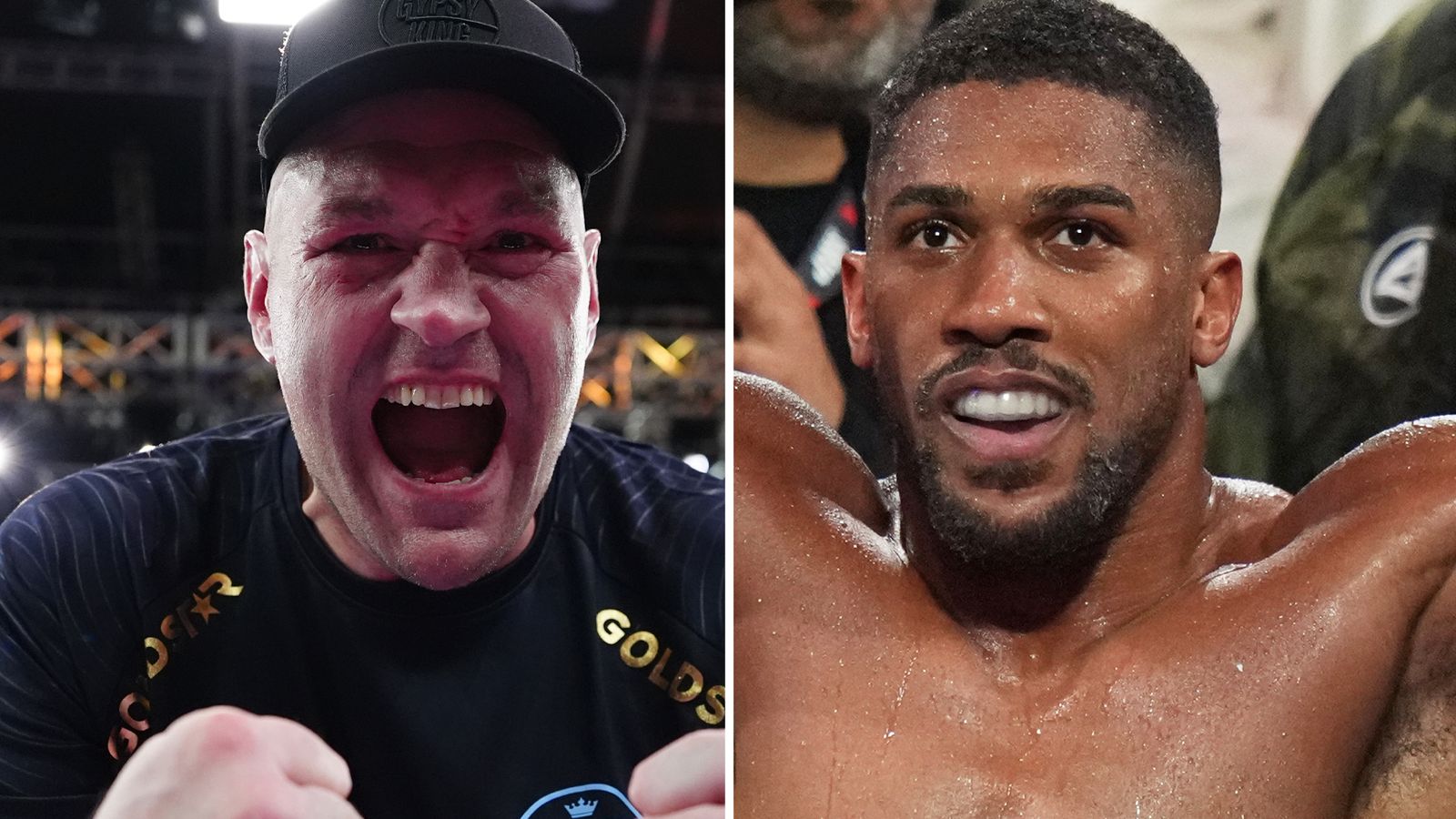 Split image of two heavyweight boxers, one shouting in a cap and the other smiling shirtless after a bout.