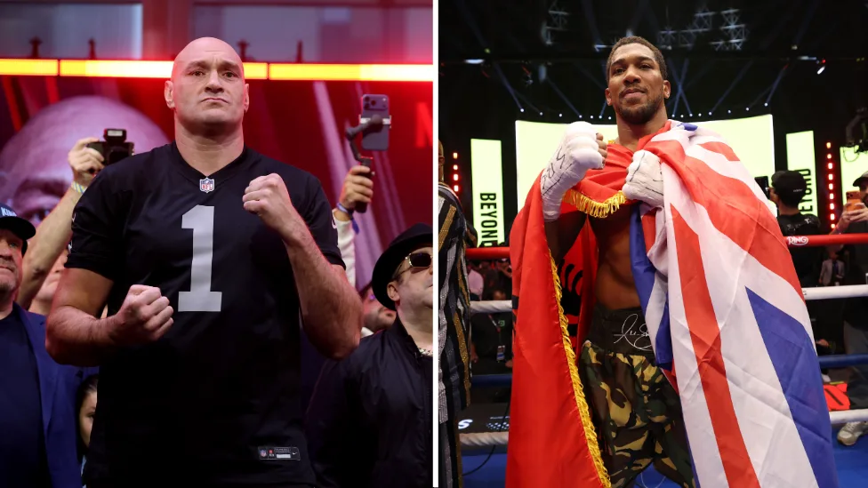 Two boxers pose in separate photographs, one wearing a black number one shirt and the other draped in a British flag.