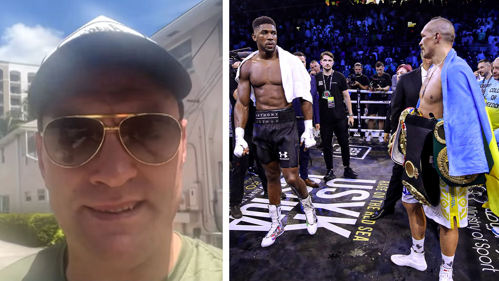 Split image shows a sunglasses-wearing man beside two heavyweight boxers in a brightly lit ring.