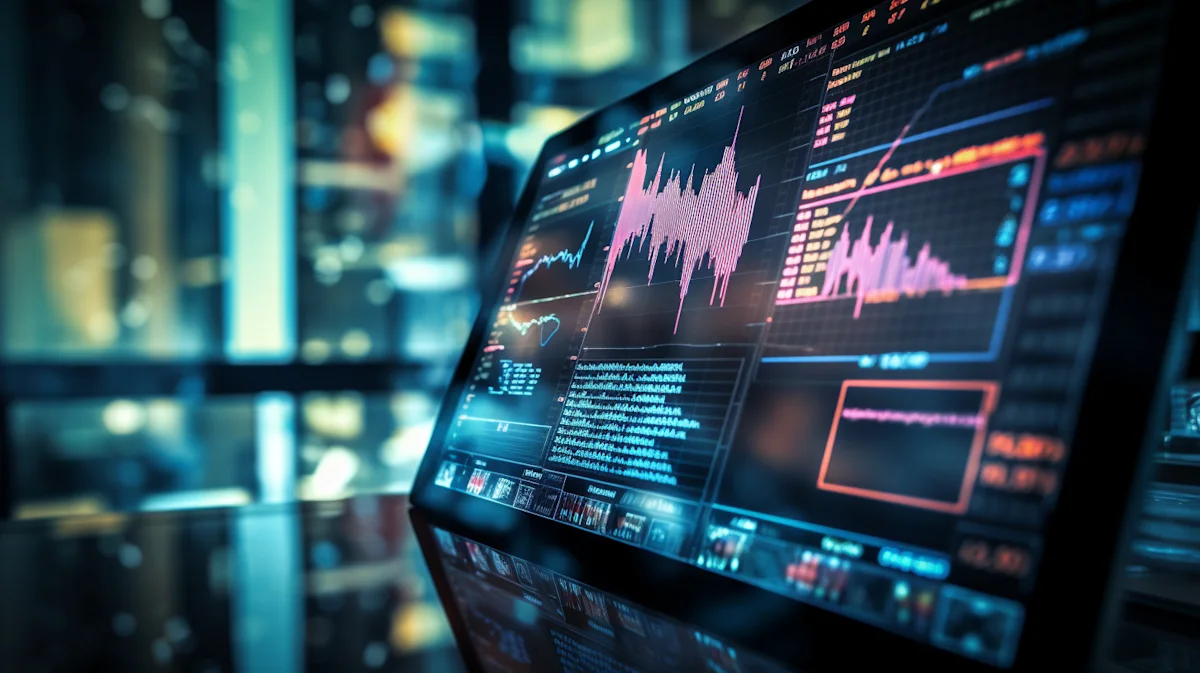 Close-up of financial market charts and data displayed on glowing computer monitors.