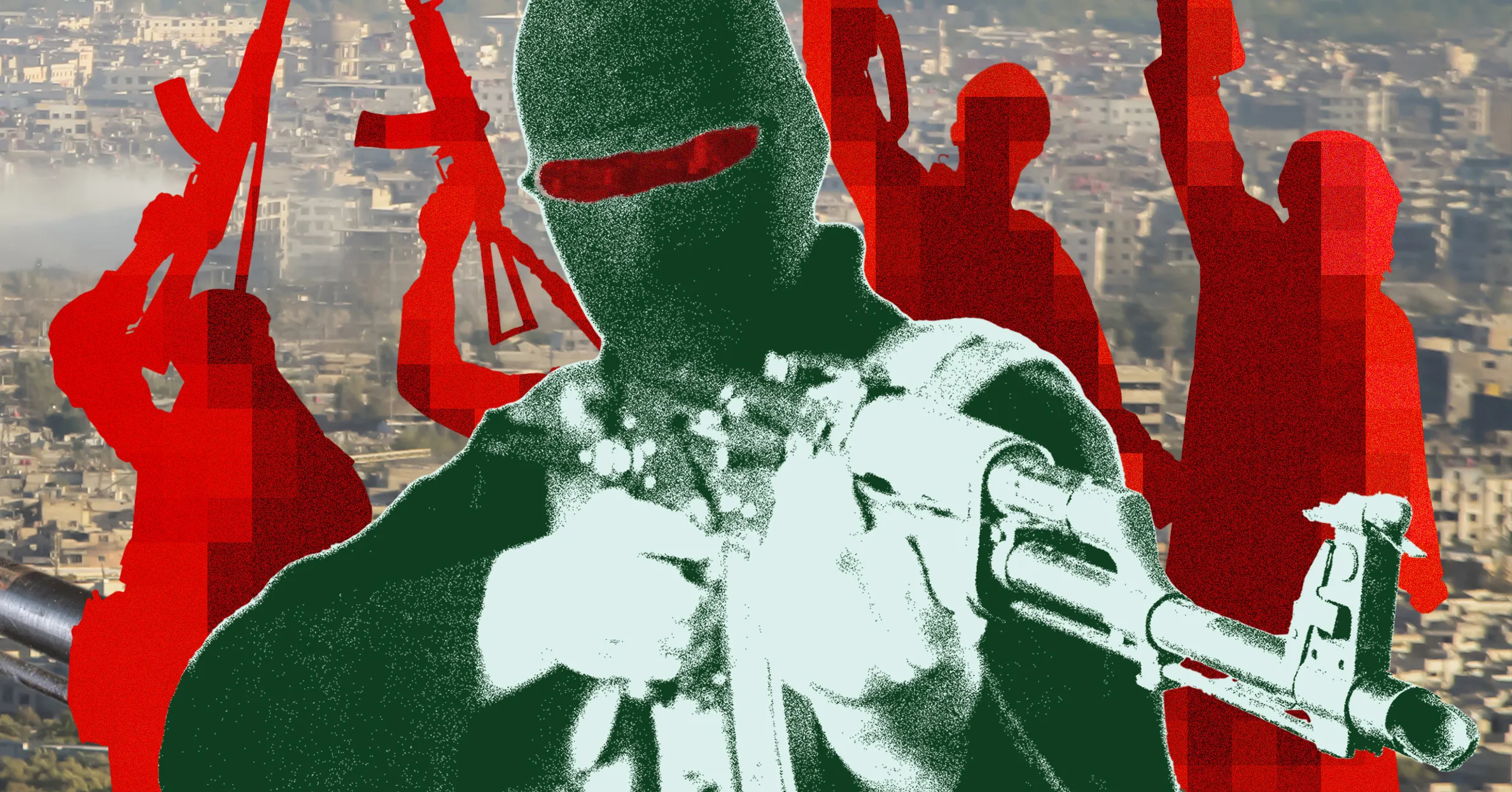 Stylized masked figure holding a microphone, surrounded by red armed silhouettes over an aerial cityscape.