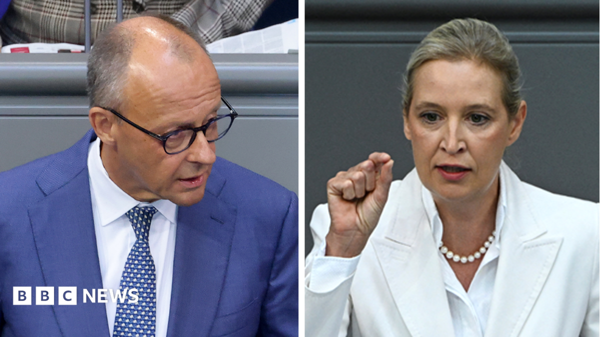 Split image showing a suited man looking down and a woman in white raising her hand.