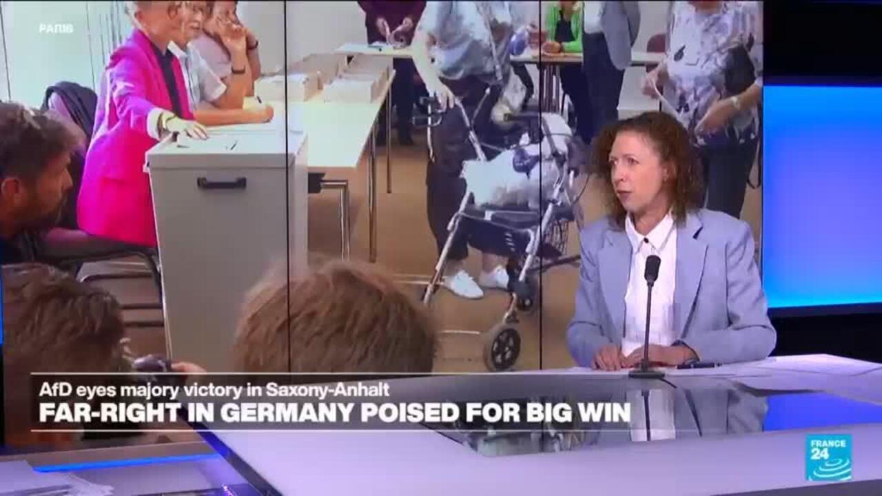 Television news broadcast shows a woman speaking at a desk beside election footage and AfD headline