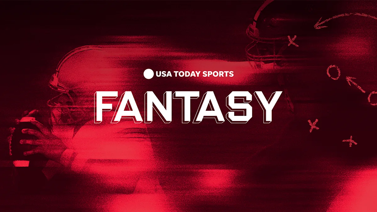 Red-and-black USA TODAY Sports Fantasy graphic featuring a football player and play diagrams.