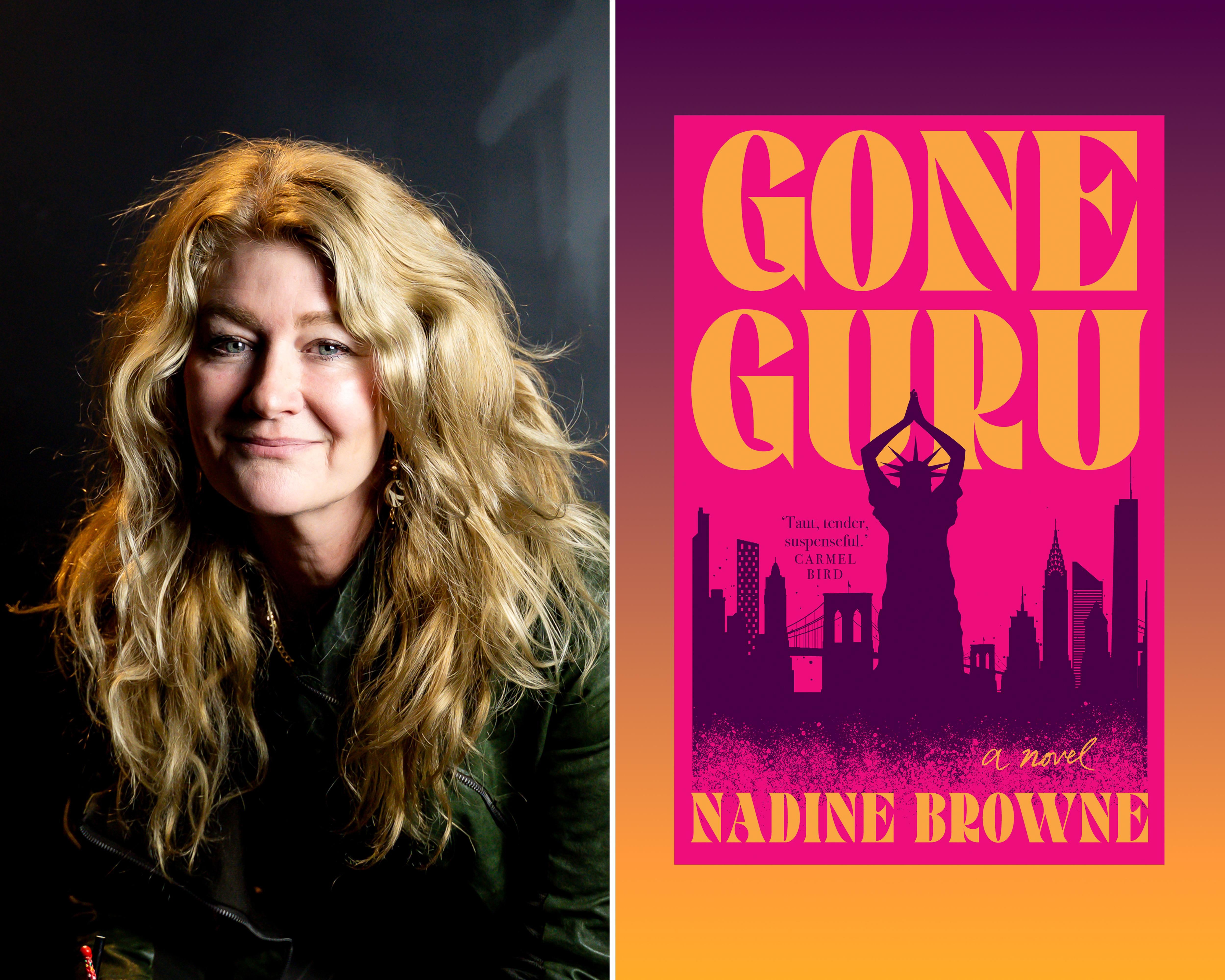 Portrait of a blonde woman beside the bright pink and orange cover of Gone Guru.