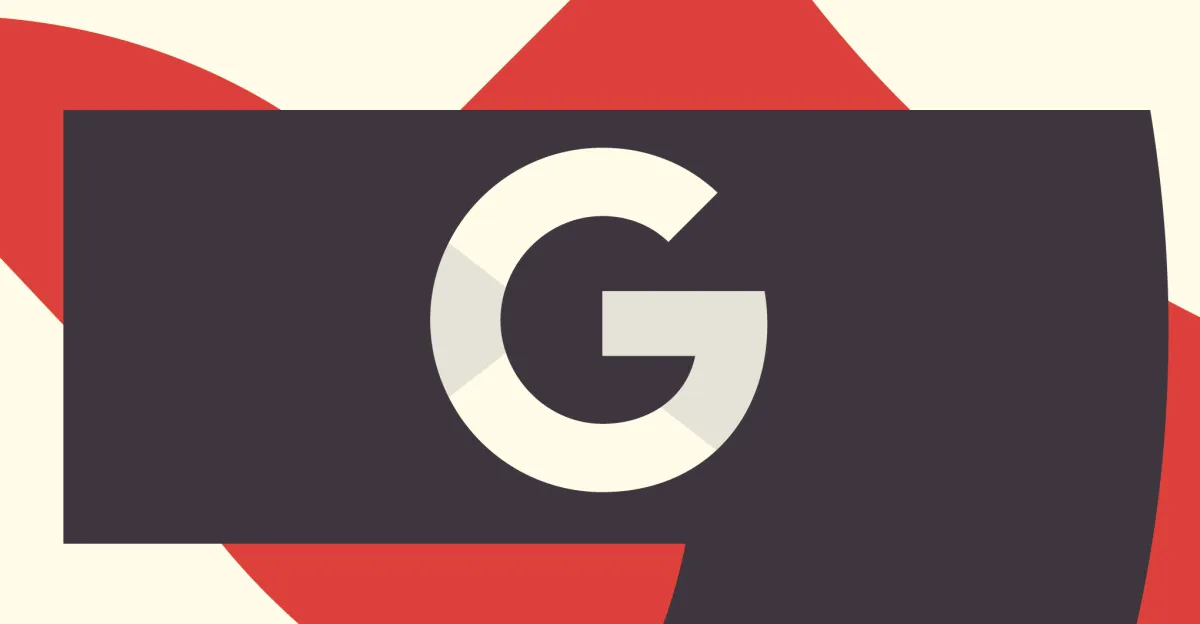 Cream background with red geometric shapes behind a dark panel featuring a large cream letter G.