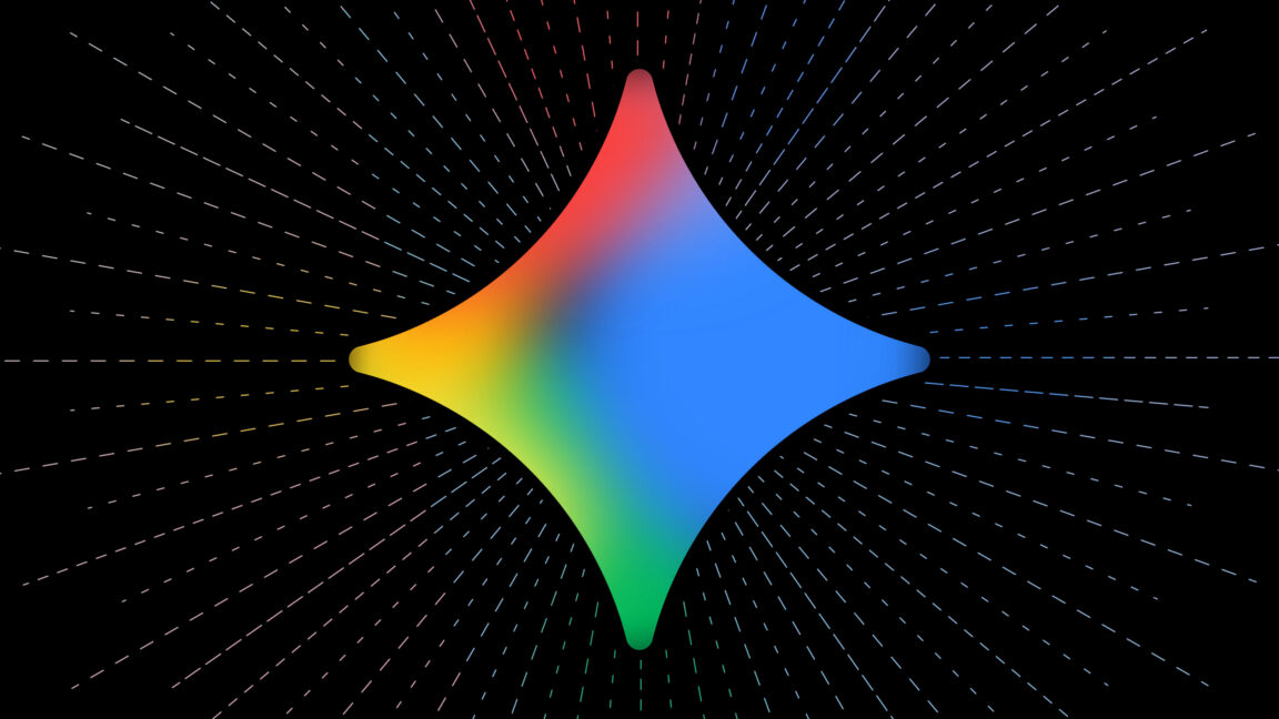A four-pointed, rainbow-gradient shape glows against a black background surrounded by radiating dashed lines.