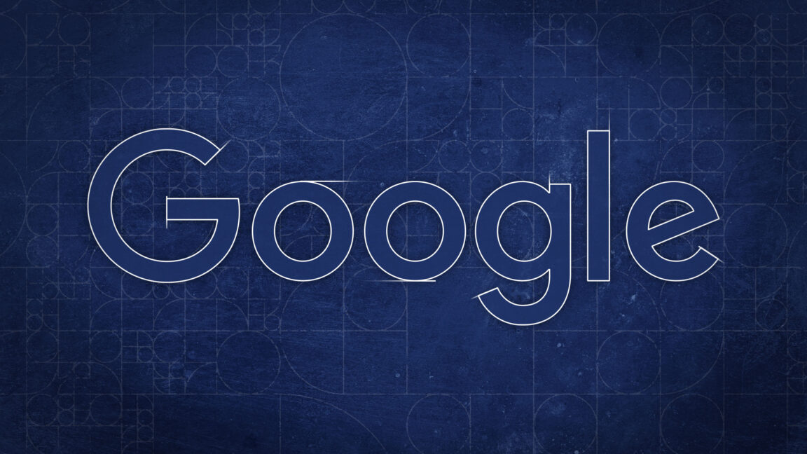 Google logo outlined in white against a dark blue geometric textured background.