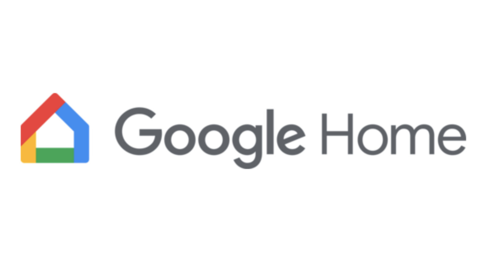 Google Home logo, showing a multicolored house icon beside gray “Google Home” lettering on white.