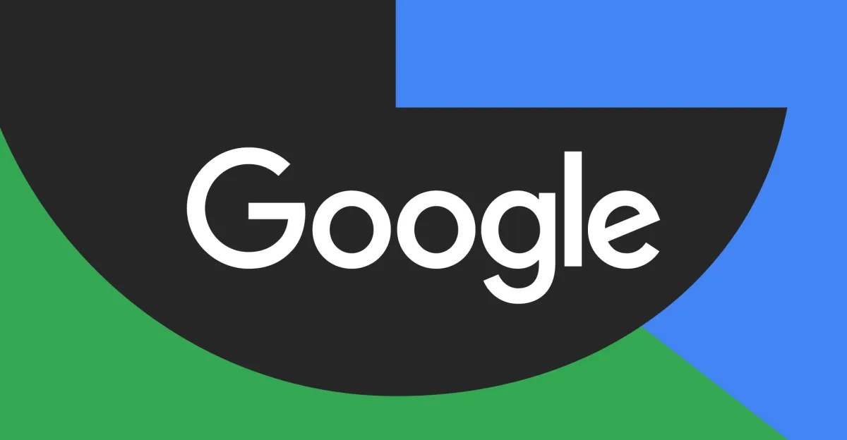 White Google wordmark on a black semicircle against blue and green geometric shapes.
