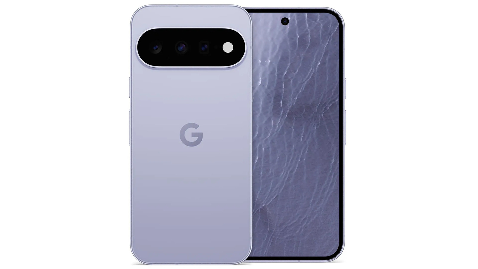 Two light lavender Google Pixel smartphones shown, one displaying its screen and one showing the rear cameras.