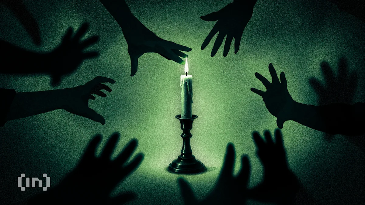 Candle surrounded by reaching hand shadows against a dark green textured background