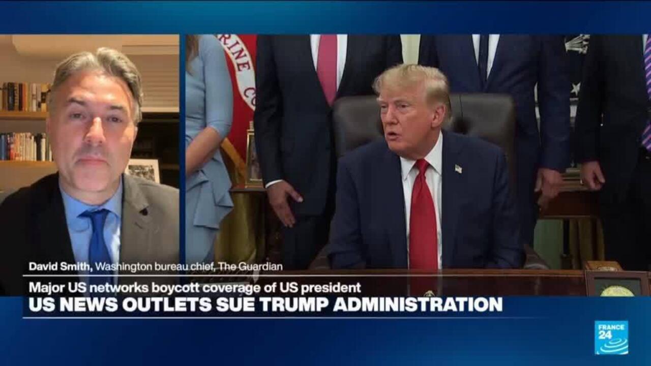 Split-screen broadcast shows a Guardian journalist beside Donald Trump speaking at a formal meeting.