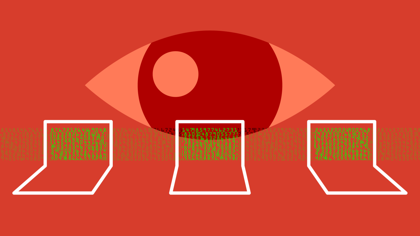 Stylized red fish-like eye above three outlined laptops displaying streams of digital code