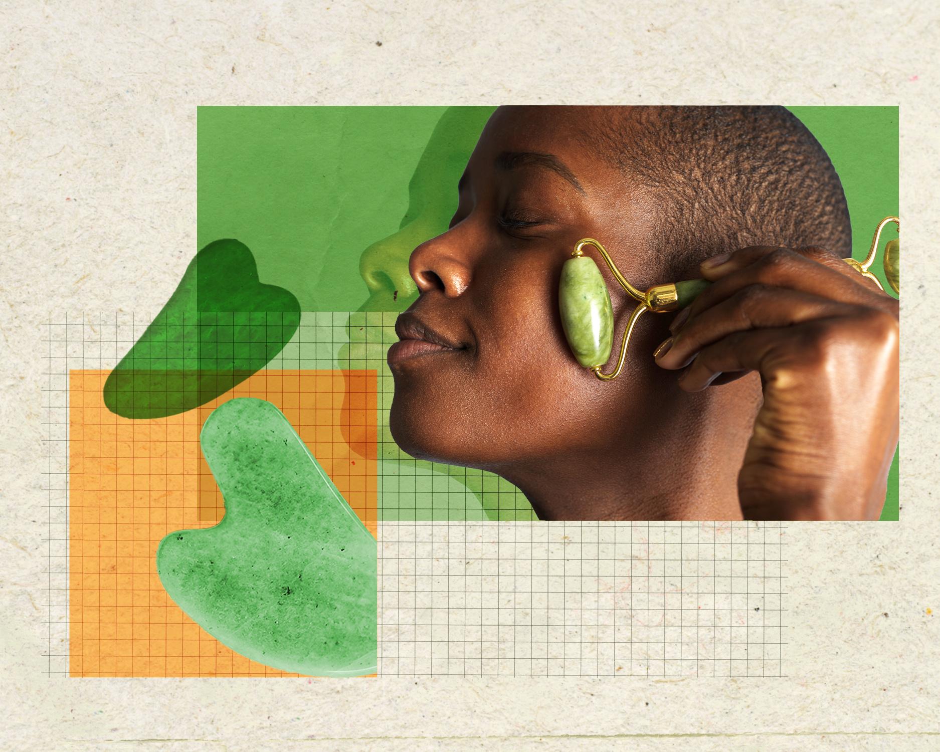 Close-up of a Black person wearing sculptural green earrings against a colorful abstract collage.