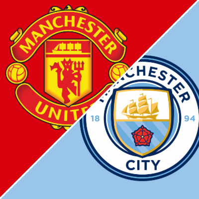 Manchester United and Manchester City crests divided diagonally by red and light blue backgrounds.
