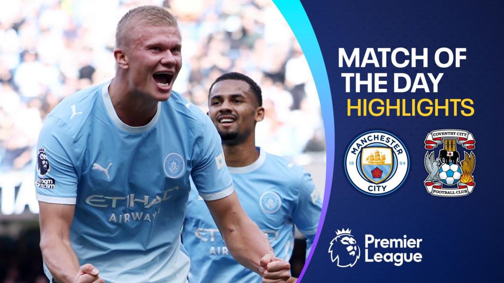 Manchester City players celebrate beside a match highlights graphic featuring Manchester City and Coventry City crests