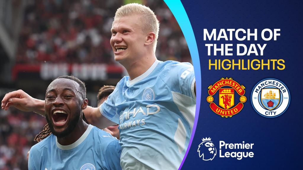 Manchester City footballers celebrate beside Match of the Day highlights graphics featuring both Manchester clubs