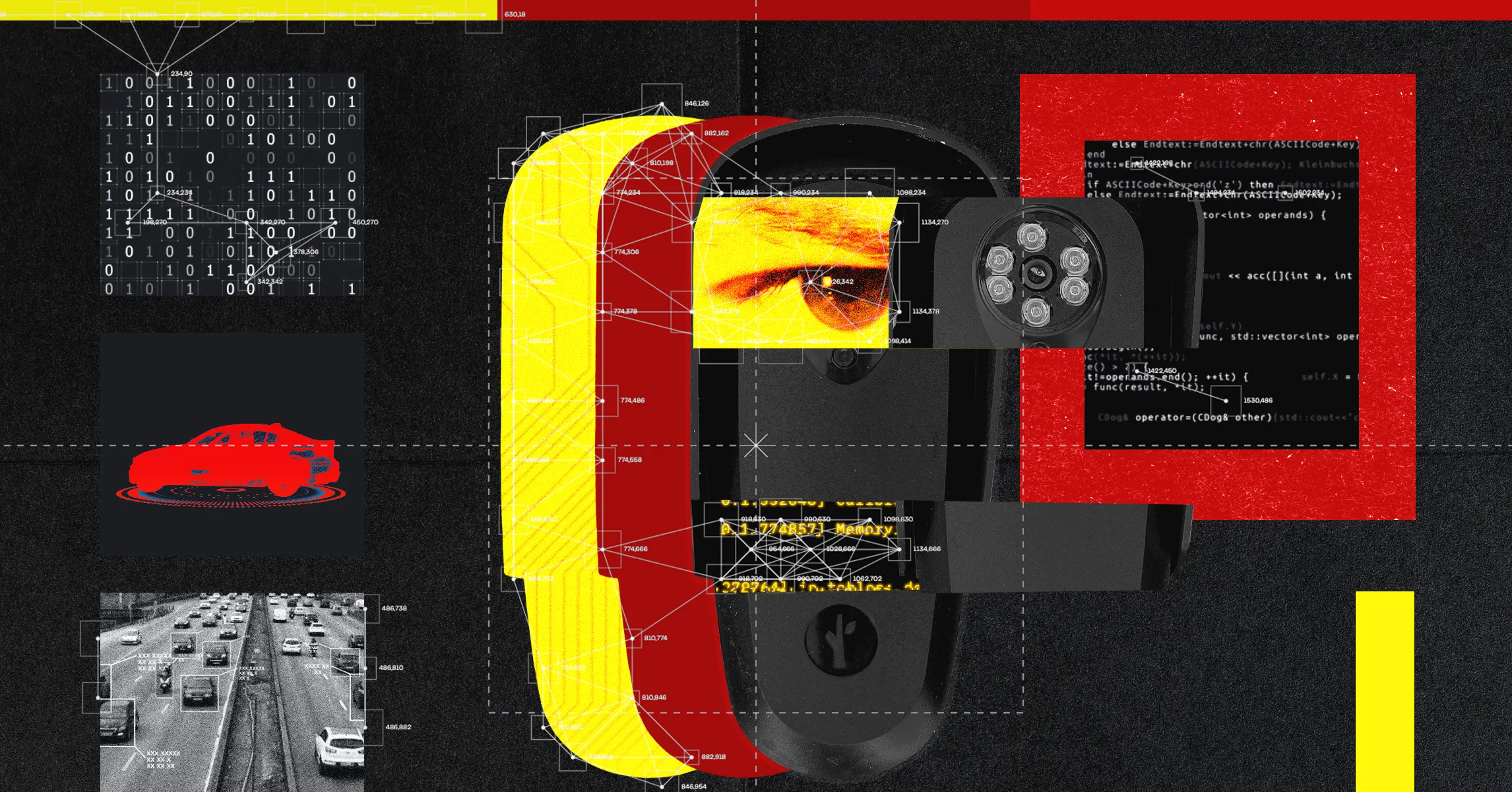 Collage of surveillance cameras, traffic footage, binary code, programming text, and red-yellow graphic elements.