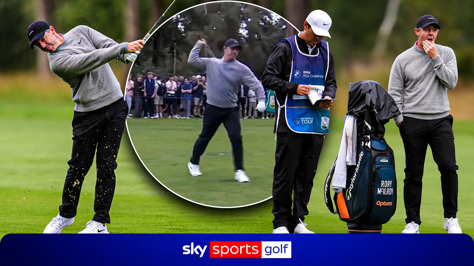 Collage shows golfer swinging, walking angrily, and standing beside a caddie and golf bag.