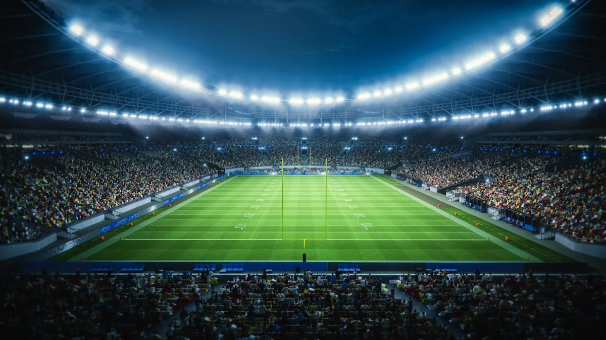 Nighttime football stadium illuminated by floodlights, with a full crowd surrounding the green field.