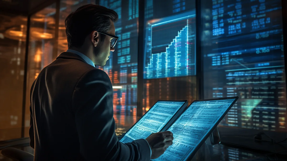 Business professional reviews financial data on illuminated screens in a dark trading-style office.