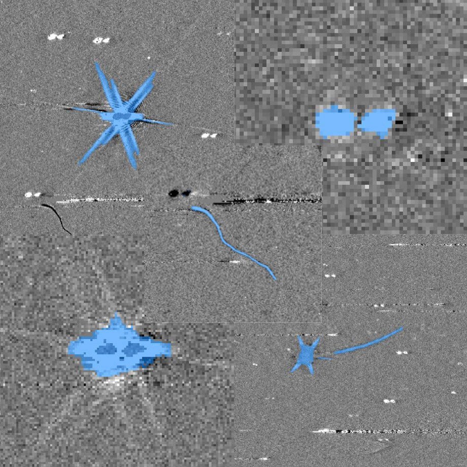 Composite grayscale space-telescope images showing blue-highlighted shapes, streaks, and pixelated artifacts.