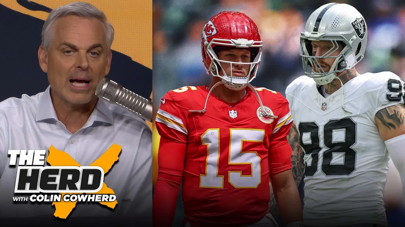 A sports commentator appears beside images of a Kansas City player in red and a Raiders player in white.