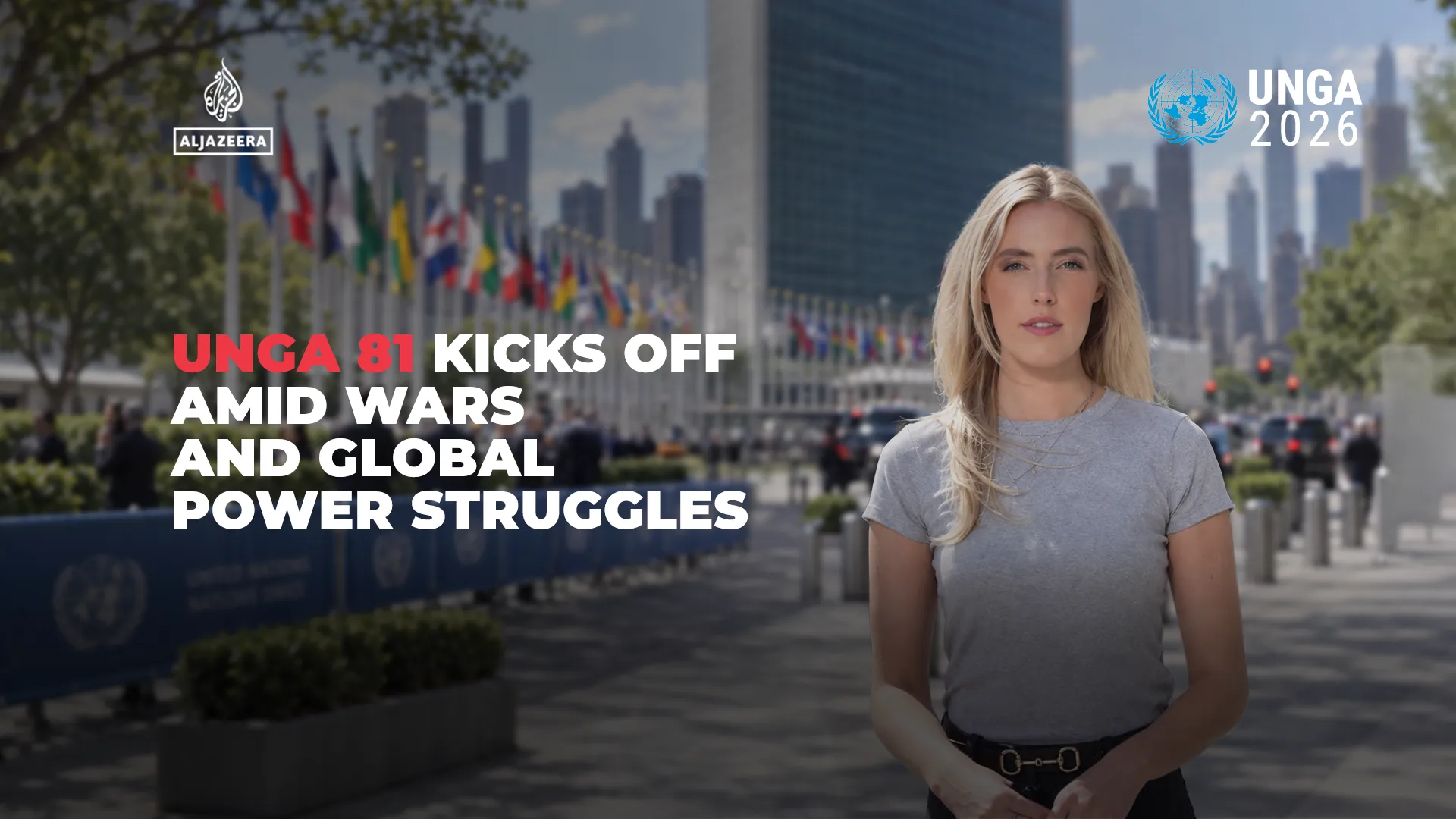 Blonde presenter stands before UN flags and city skyline beneath UNGA 2026 graphics.