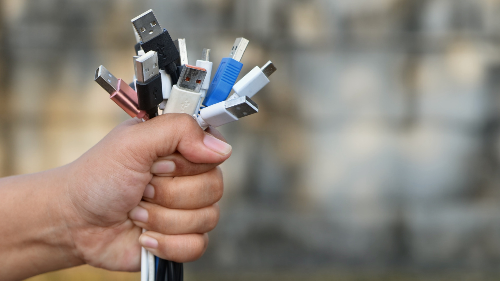 A hand holds a bundle of USB cables with various connectors against a blurred background.