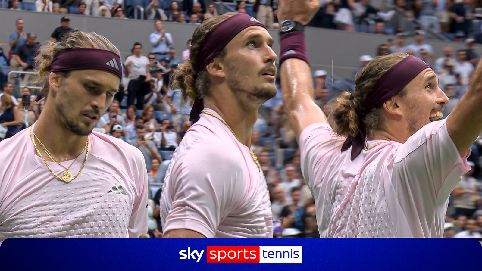 Three tennis players in matching pale shirts and burgundy headbands celebrate before a cheering crowd.