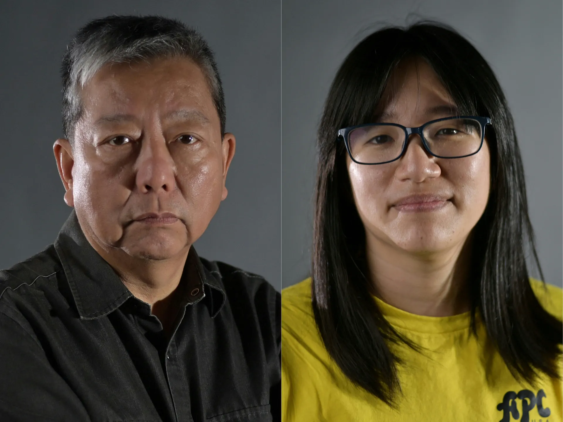 Split-screen portraits of a gray-haired man in black and a woman wearing glasses and a yellow shirt