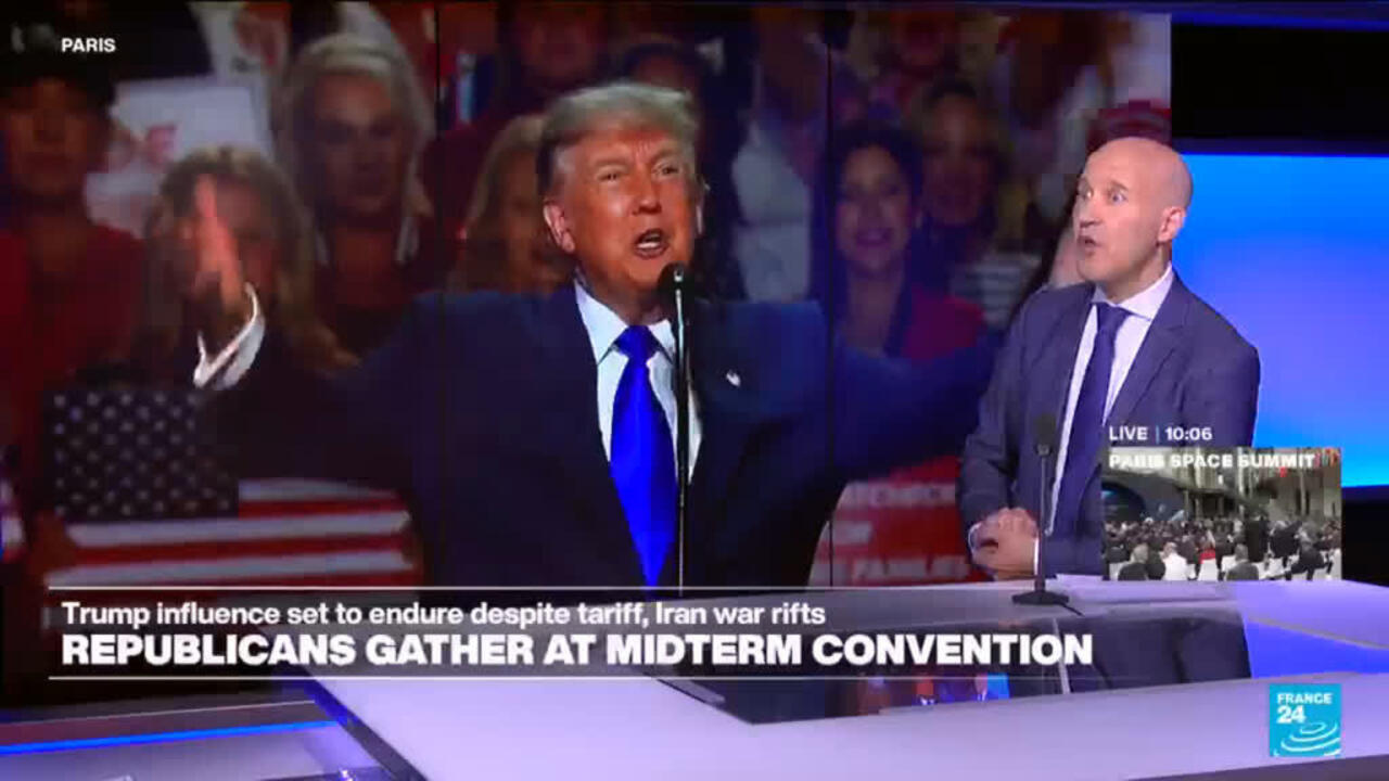 Donald Trump speaks at a podium during a televised news segment, with an anchor seated nearby.