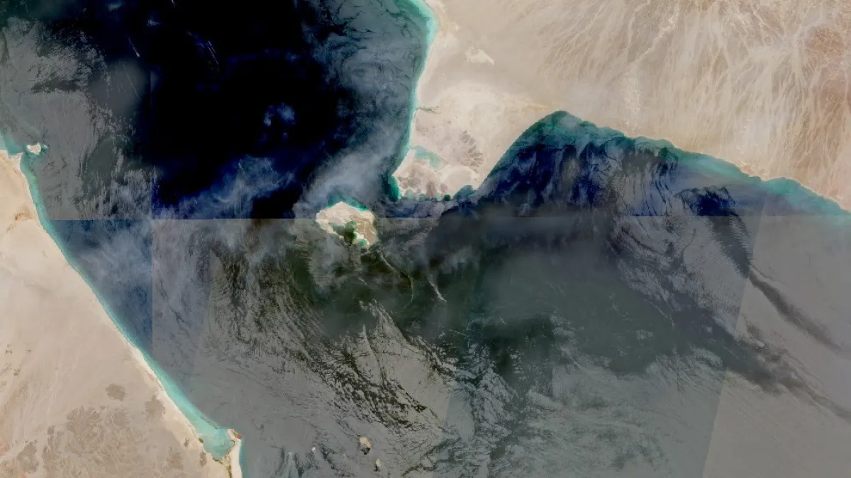 Satellite view of a desert coastline, dark water, and rugged mountainous terrain