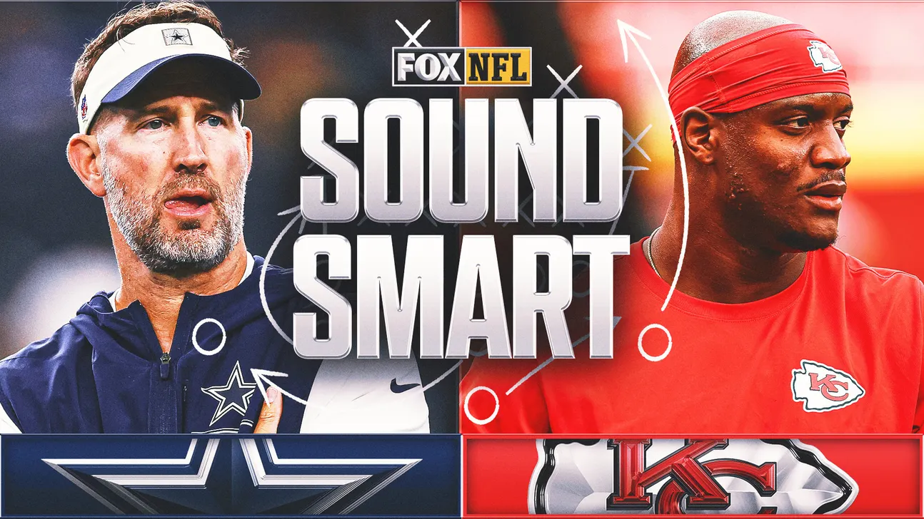 Split graphic showing two football coaches, Cowboys and Chiefs logos, and large “Fox NFL Sound Smart” text.