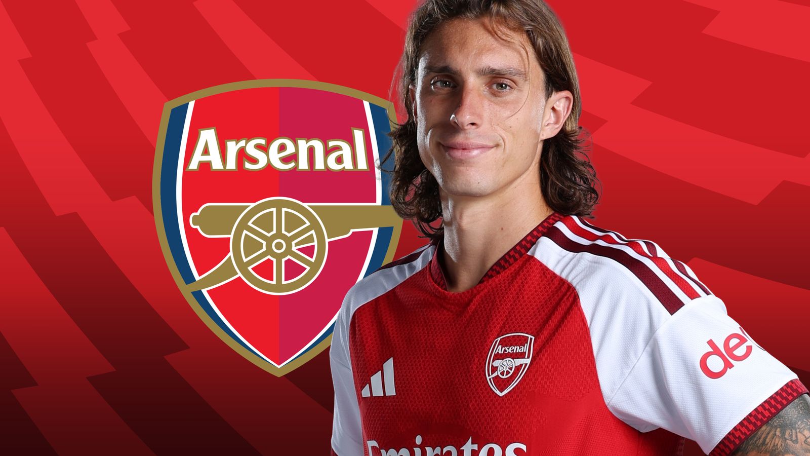 Footballer in Arsenal jersey posed beside a large Arsenal crest on a red background