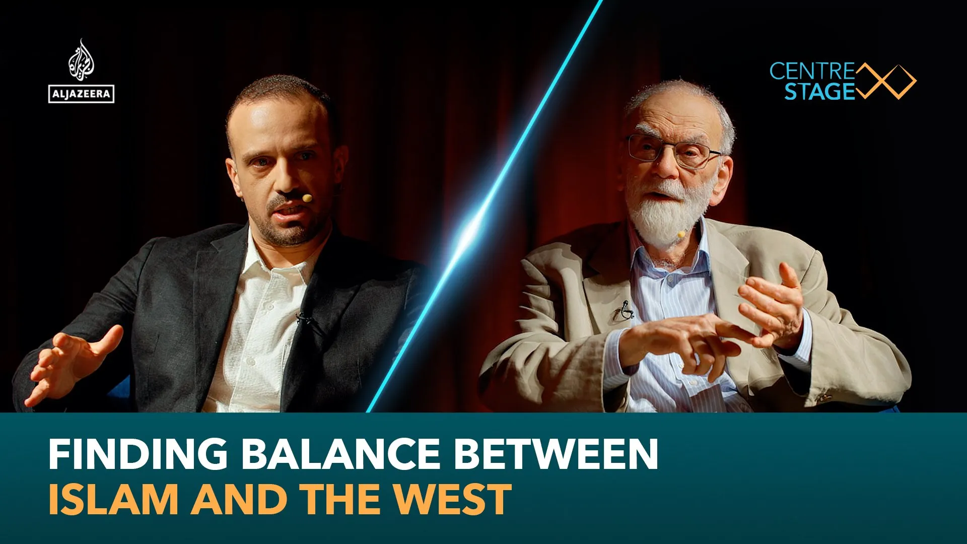 Two men speak on a stage, divided by a glowing diagonal line, with programme logos and title text.