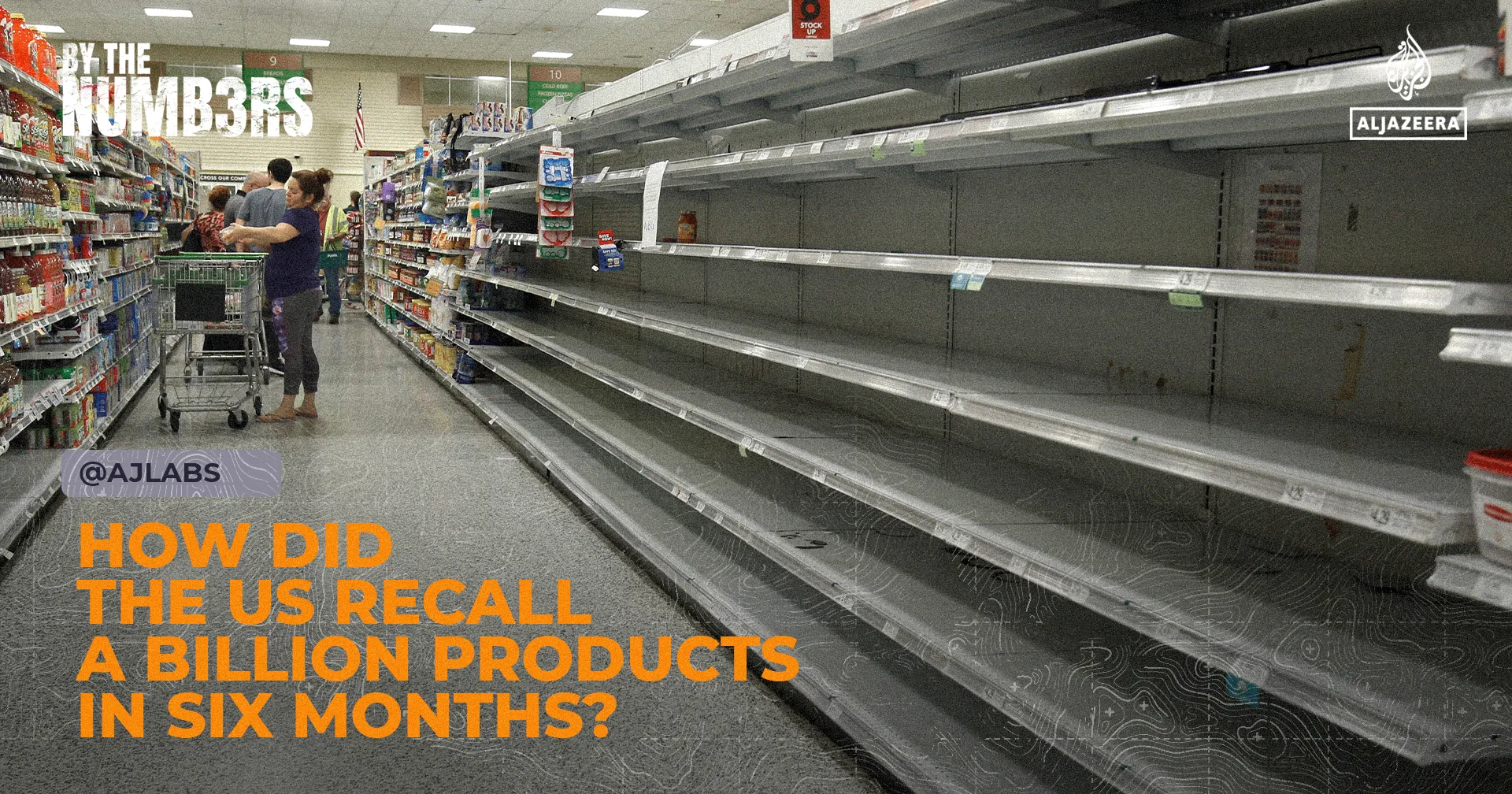 Nearly empty supermarket shelves beside shoppers and a shopping cart in a grocery aisle.