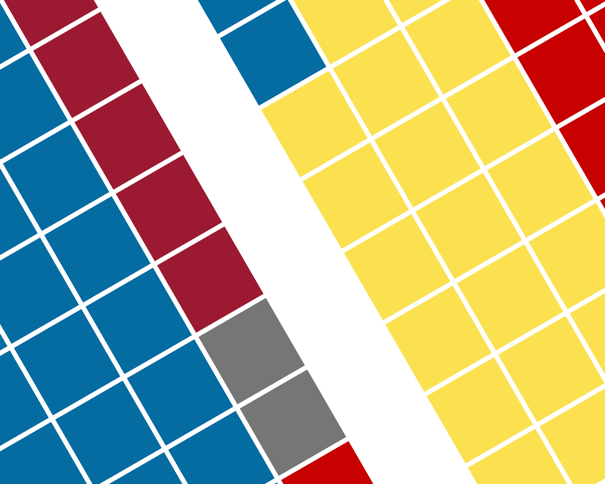 Abstract geometric pattern of blue, red, yellow and gray tiles separated by white diagonal lines.