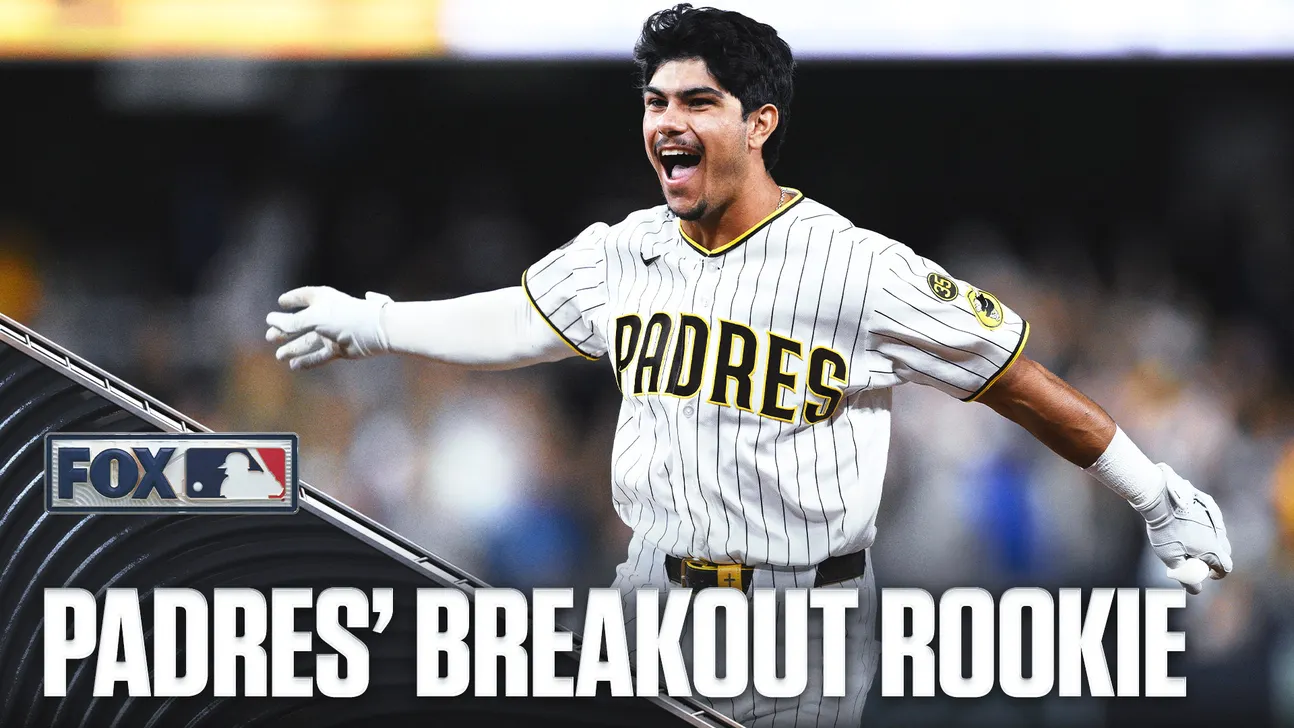 Padres player celebrates with arms outstretched above a FOX MLB graphic and “Padres’ Breakout Rookie” headline.