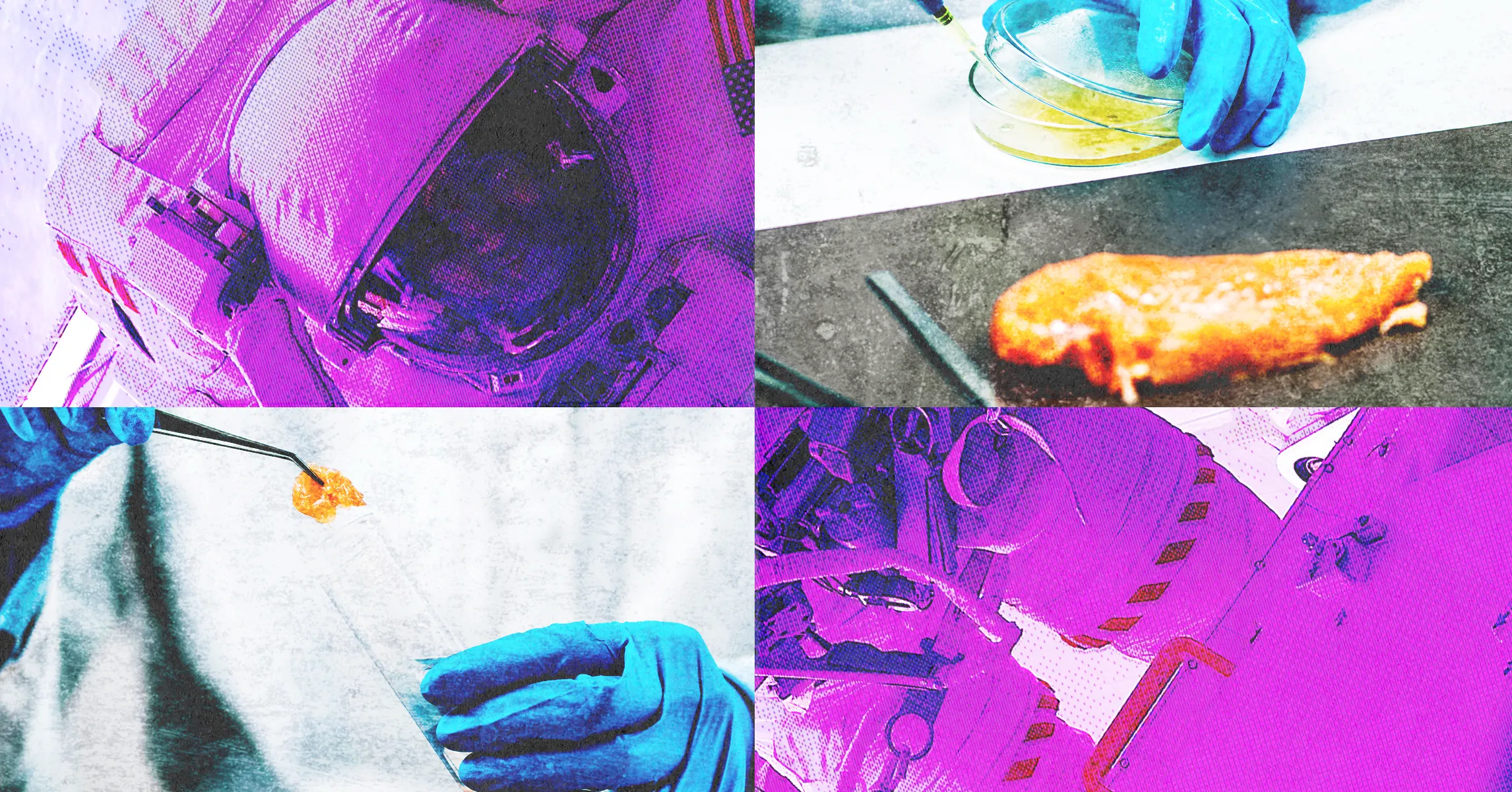 Collage shows gloved scientists testing food samples, laboratory equipment, and a fried food item.
