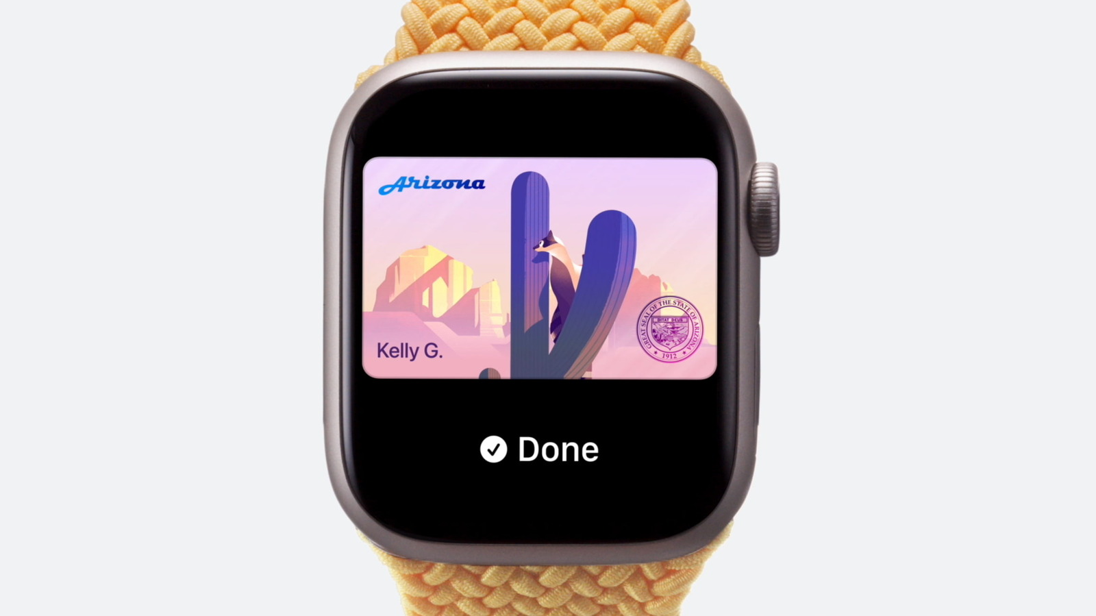 Smartwatch displays an Arizona digital identification card with a checkmark and “Done” status.