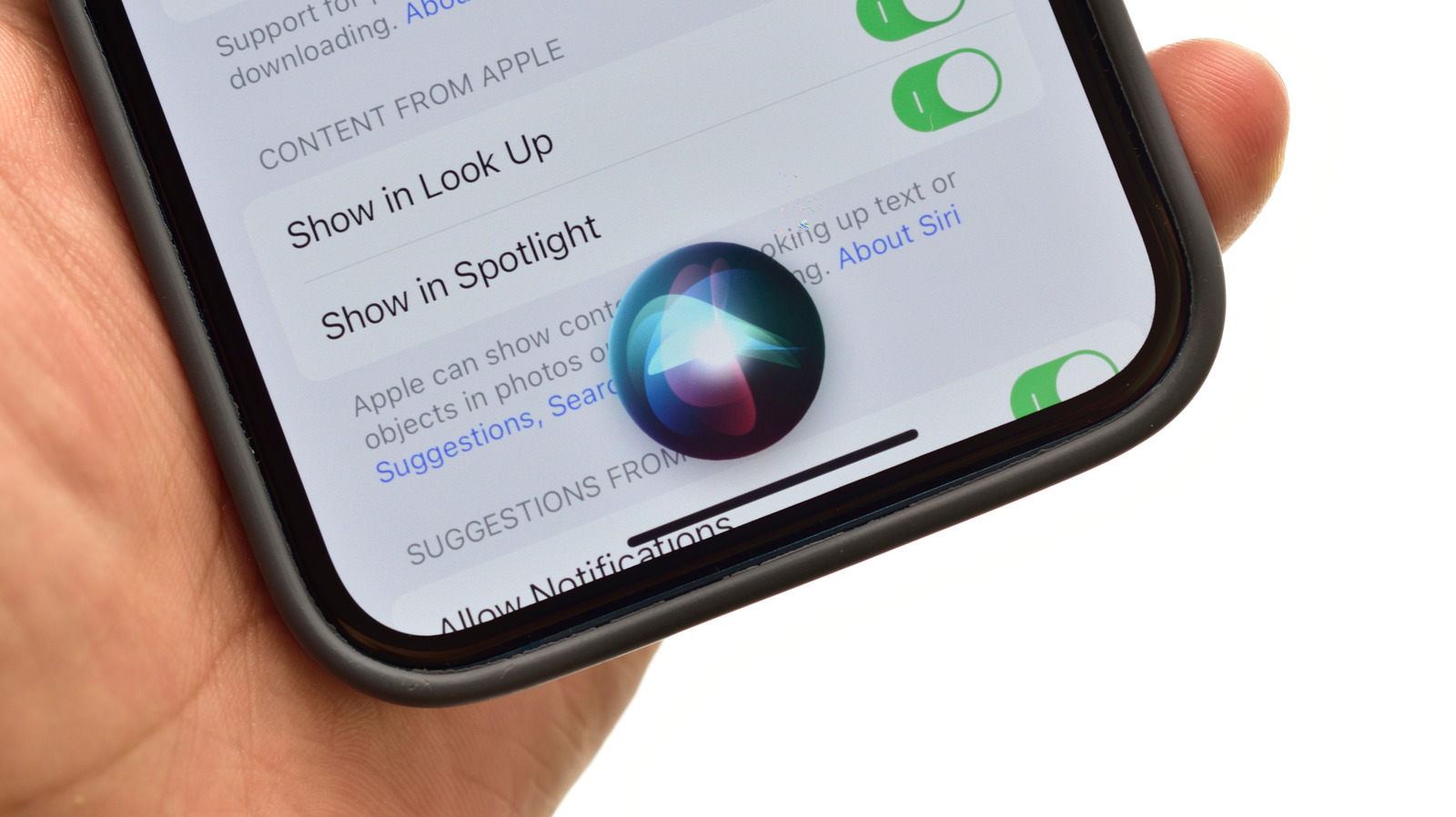 Close-up of an iPhone displaying Siri settings with the Siri orb visible on screen