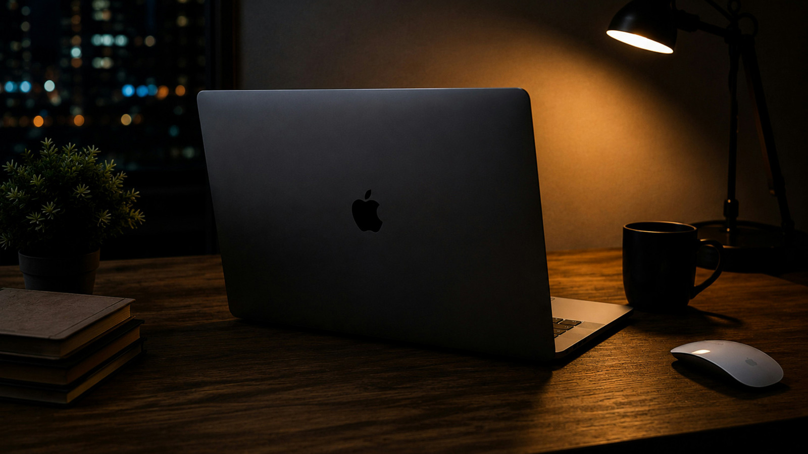 Closed MacBook on a dark wooden desk beside a lamp, mug, mouse, books, and plant.