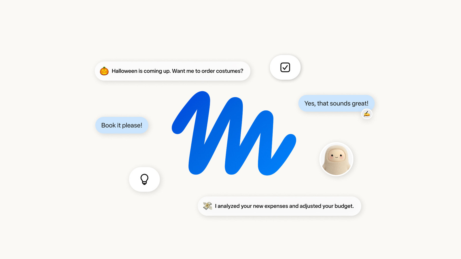 Illustration of a blue Muse logo surrounded by AI assistant chat bubbles and app icons.